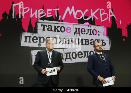 Moscow, Russia. 21st Oct, 2015. TELE2 General Director Mikhail Noskov (L) and TELE2 First Deputy General Director Alexander Provorotov give a press conference on the launch of the TELE2 cell phone provider in Moscow. © Vyacheslav Prokofyev/TASS/Alamy Live News