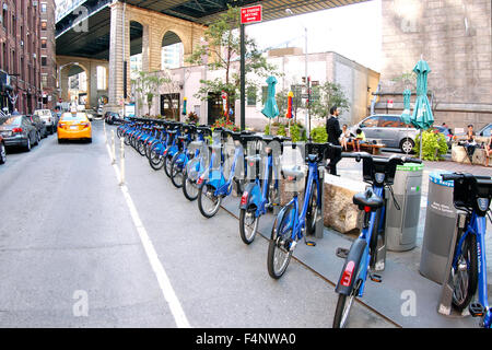 Citi bike rental bicycles lined up in DUMBO neighborhood of Brooklyn New York City Stock Photo