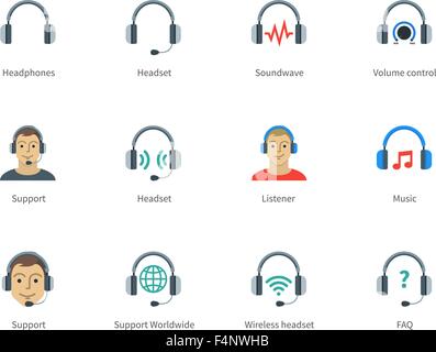 Headphones and headset color icons on white background. Stock Vector