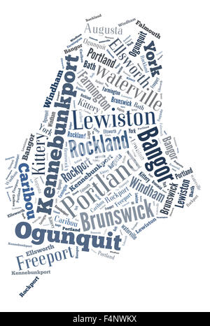 Word Cloud in the shape of Maine showing some of the cities in the state Stock Photo