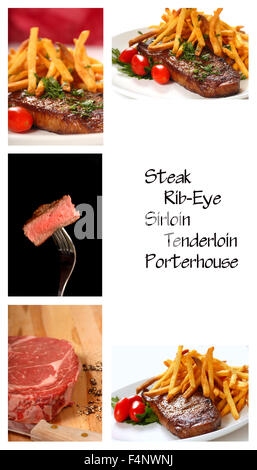 Collage showing a variety of different cuts of steaks both in the raw and cooked forms Stock Photo