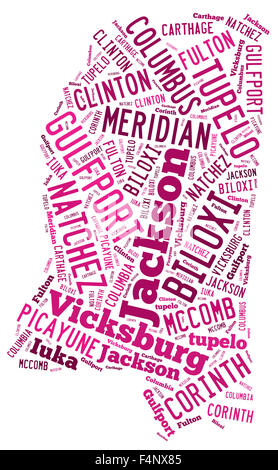 Word cloud showing the cities in the state of Mississippi that can be used for geography as well as elections. Stock Photo