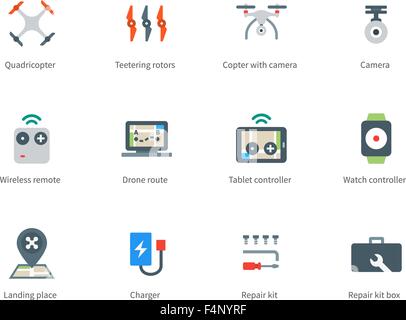 Flying drone color icons on white backgrond Stock Vector