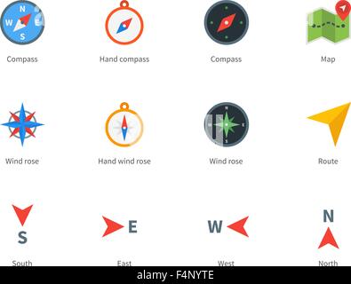 Compass and map colored icons on white background. Stock Vector