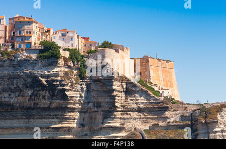 Colorful stone houses and on rocky coast in Bonifacio, Corsica island, France Stock Photo