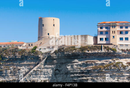 Old fort tower on the rocky coast. Bonifacio, Corsica island, France Stock Photo