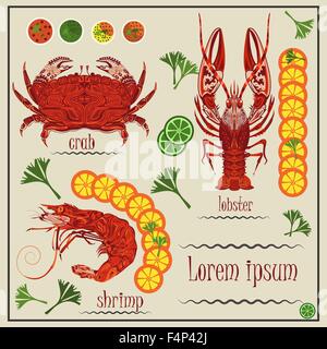 Red cancer ornamental style, patterned shrimp, crab with herbs and lemon. The modern concept of menu with seafood for design Stock Vector