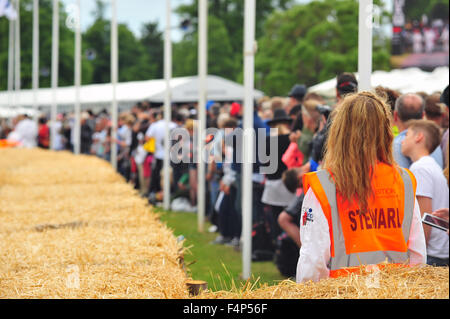 A woman in an orange Steward bib at the Goodwood Festival of Speed in the UK. Stock Photo