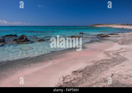 Beaches in Elafonisi, Crete island. have the particularity to be colored pink because of the coral fragments accumulated on the Stock Photo