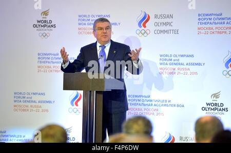 Moscow, Russia. 21st Oct, 2015. President of the International Olympic Committee Thomas Bach addresses delegates at the opening ceremony of the 1st World Olympians Forum October 21, 2015 in Moscow, Russia.