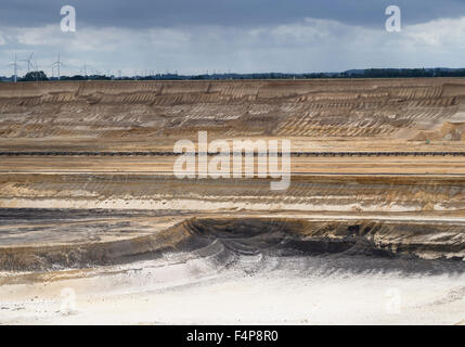 Cratered landscape of the surface mining field at Garzweiler, Germany's largest opencast pit for lignite extraction. Stock Photo