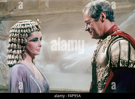Elizabeth Taylor as Cleopatra; Rex Harrison and Richard Burton, in the ...