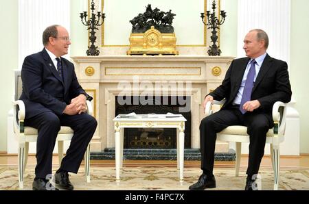 Russian President Vladimir Putin meets with Prince Albert II of Monaco following the opening ceremony of the 1st World Olympians Forum October 21, 2015 in Moscow, Russia. Stock Photo
