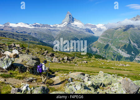 Hiker treks through the Matterhorn Trail. July, 2015. Matterhorn, Switzerland. Stock Photo