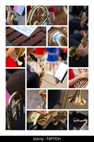 Various musical wind instruments on a collage Stock Photo