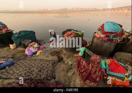 Agra, India-March 07,2015:Dhobi Ghat is a well known open air laundromat in Yamuna River, Agra. The washers, locally known as Dh Stock Photo
