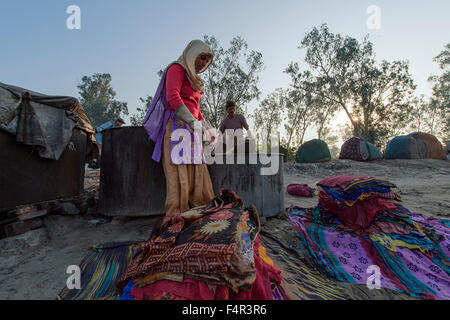 Agra, India-March 07,2015:Dhobi Ghat is a well known open air laundromat in Yamuna River, Agra. The washers, locally known as Dh Stock Photo