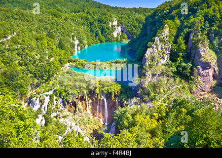 Paradise waterfalls of Plitvice lakes national park, panoramic view, Croatia Stock Photo