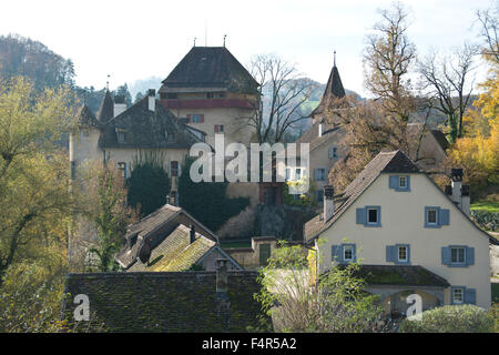 Switzerland, Europe, Baselland, Bubendorf, Wildenstein, castle, lock, autumn Stock Photo