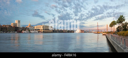 USA, United States, America, Georgia, southern, Savannah, river, panorama, morning, cityscape, city, riverfront Stock Photo