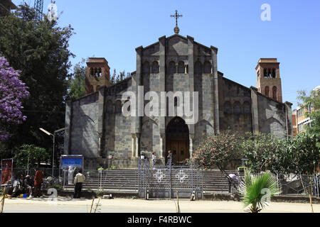 Addis Ababa, in the city center, street scene in front of a church Stock Photo