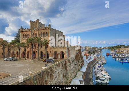 Building, Ciutadella, City Hall, Landscape, Menorca, Balearics, Spring, architecture, bay, boats, fortress, Mediterranean, no pe Stock Photo