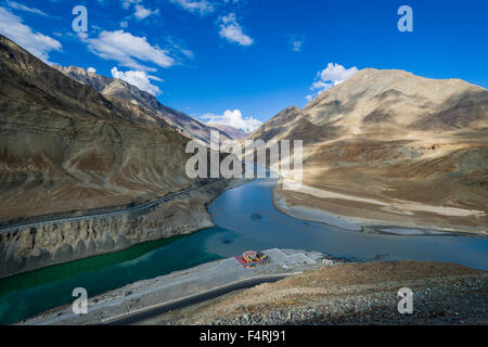 The confluence of the two rivers Zanskar and Indus is located about 30 kilometers from Leh Stock Photo