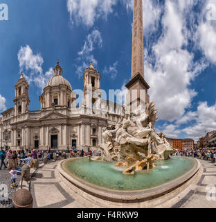 Italy, Europe, Lazio, Rome, Roma, city, village, water, spring, people, fountain, Piazza Navona, Sant'Agnese in Agone, Obelisco Stock Photo
