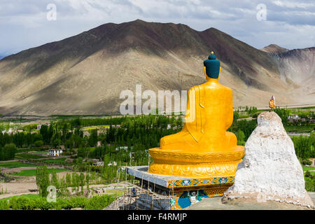 The golden Buddha statue is located on a hill above the Indus Valley, green fields and high mountains in the distance Stock Photo