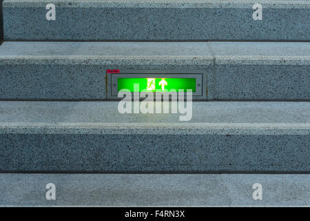 Germany, Europe, green, sign, luminous sign, emergency, exit, emergency exit sign, orientation, pictogram, icon, direction arrow Stock Photo