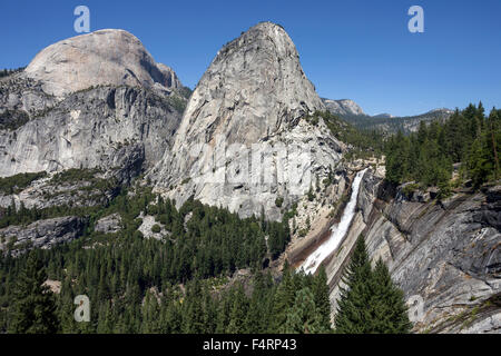 View from John Muir Trail to Nevada Fall, Liberty Cap in the center, Half Dome at the rear left, Yosemite National Park, USA Stock Photo