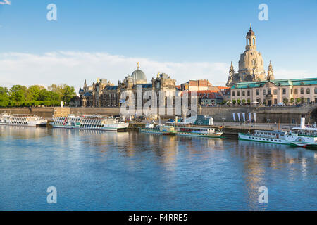 View over river Elbe, Academy of Fine Arts, Frauenkirche, Brühl's Terrace, Sächsische Dampfschiffahrt boats, Dresden, Saxony Stock Photo