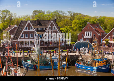 Crab cutters in the harbour of  Neuharlingersiel, East Friesland, Lower Saxony, Germany, Europe Stock Photo