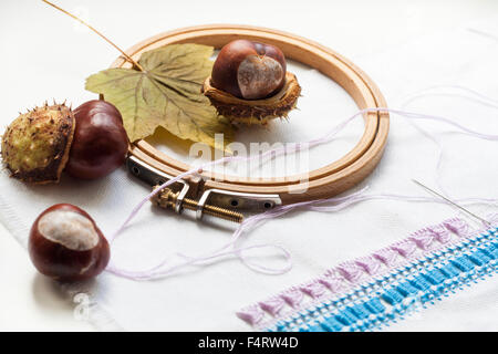 Mature chestnuts, autumn leaves and needlework on white background Stock Photo