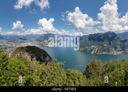 Switzerland, Europe, Lugano, Ticino, Panoramic view, Monte San Salvatore, landscape, water, summer, mountains, lake, Stock Photo