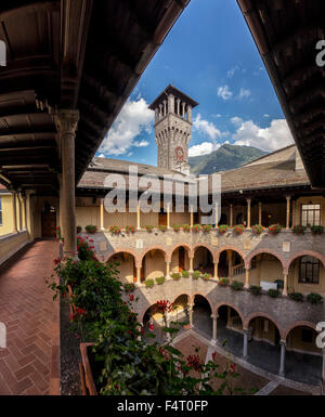Switzerland, Europe, Bellinzona, Ticino, Courtyard Palace, Palazzo, Civico, castle, flowers, summer, Stock Photo