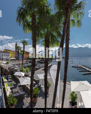 Switzerland, Europe, Ascona, Ticino, Little port, Lake Maggiore, village, water, trees, summer, mountains, lake, people, outdoor Stock Photo