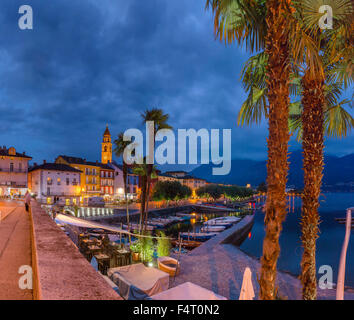 Switzerland, Europe, Ascona, Ticino, Little port, Lake Maggiore, village, water, trees, summer, mountains, lake, night, evening, Stock Photo