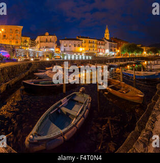 Switzerland, Europe, Ascona, Ticino, Little port, Lake Maggiore, village, water, summer, night, evening, ships, boat, Stock Photo