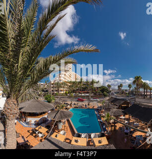 Spain, Europe, Playa del Ingles, Gran Canaria, Canary Islands, Paseo Costa Canario, city, village, pool, outdoor cafe, Stock Photo