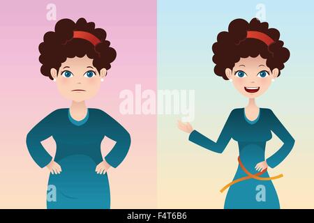 A vector  illustration of weight loss concept of a pretty girl before and after diet Stock Vector