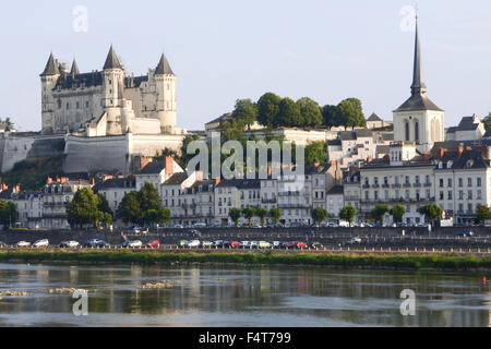 The Chateau, Eglise Saint-Pierre and town of Saumur from the ile de Milocheau and across the river Loire Stock Photo
