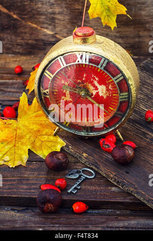 still life with alarm clock maple leaf and chestnuts Stock Photo
