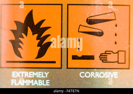 Extremely flammable and corrosive warning labels on a cleaning product Stock Photo