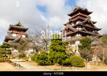 Japan, Kyoto, Fushimi Momoyama-jo castle. The borogata style tenshu, keep, with connecting yagura, turret. Small Japanese trees in front, daytime. Stock Photo