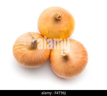 three raw onions on white background Stock Photo