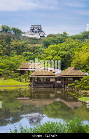 Japan, Shiga Province, Hikone City, Tea Houses and Hikone Castle Stock Photo