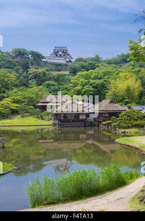 Japan, Shiga Province, Hikone City, Tea Houses and Hikone Castle Stock Photo