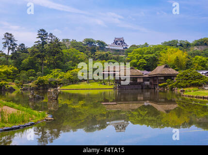 Japan, Shiga Province, Hikone City, Tea Houses and Hikone Castle Stock Photo