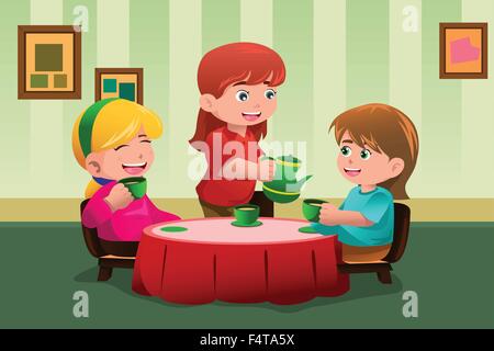 A vector illustration of cute girls having a tea party together Stock Vector